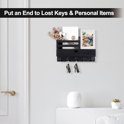 Key Holder Wall Mount, Mail Holder with Storage Drawer and 5 Key Hooks for Coat, Dog Leash, Home Decor Rack, House Accessories, Entry Way Organizer - color: Black, size: Standard - 11.8 Inch