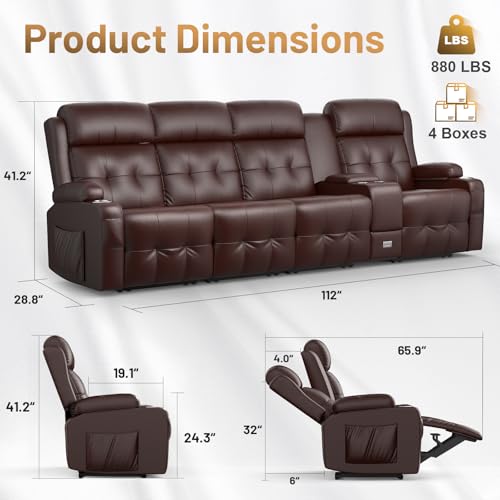 Loveseat Recliner Sofa, 4-Seater Home Theater Seating Massage Reclining Couch with USB, Center Console, Wall Hugger RV Recliners, 145° Recline & Cup Holders & Side Pockets,for RV & Movie Room - color: Brown, size: 4-Seater 112''