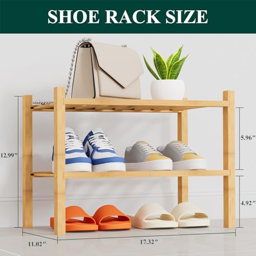 Smiry Shoe Rack, 2 Tier Thick Small Bamboo Shoe Organizer, Stackable Free Standing Wooden Shoe Storage Shelf for Closet, Entryway, Front Door Entrance, Natural - color: Natural, size: 17.32" Wide - 2 Tier - Thicker