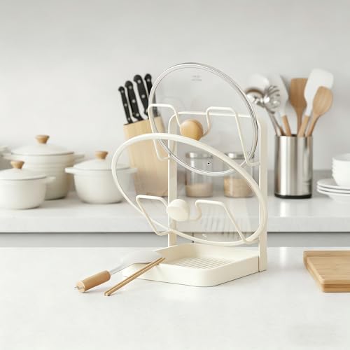 2 Tier Pot Lid Holder Rack for Kitchen Storage, Multifunctional Pan Lid Organizer for Countertop, Kitchen Spoon Rest with Lid Holder Rack for StoveTop White - color: White