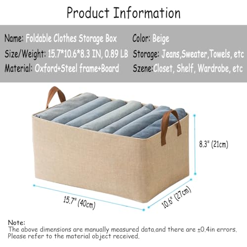 AARAINBOW Linen Closet Organizer Storage Bin with Steel Frame, Stackable Fabric Jeans Baskets for Shelves, 4 Packs Foldable Wardrobe Clothes Box for Sweater Pants Clothing Towel Shirt Felt, 23L Beige - color: 4 Beige