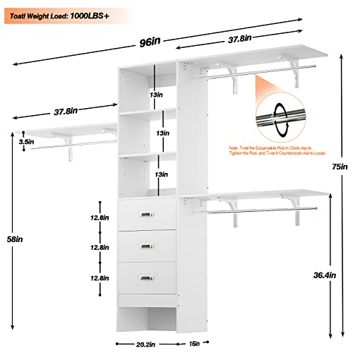 Armocity 96 Inches Closet System, 8FT Walk In Closet Organizer with 3 Shelving Towers, Heavy Duty Clothes Rack with 3 Drawers, Built-In Garment Rack, 96" L x 16" W x 75" H, Max Load 1000 LBS, White - color: White