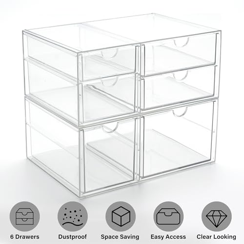 Prsildan Acrylic Drawer Makeup Organizer with 6 Drawers (Not for Baby Bottle), Set of 2 Office Desk Organizers Accessories, Clear Stackable Storage Drawers for Vanity, Craft (Largest Drawer 4" Tall) - style: 6 Drawers