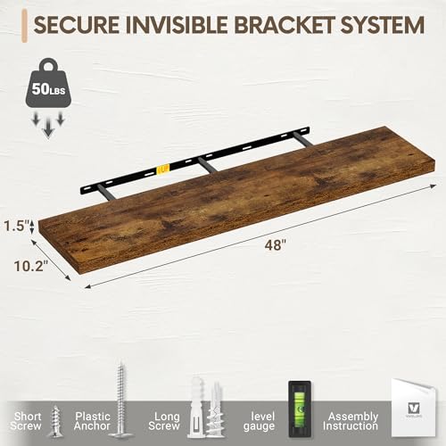 Vivelove 10 Inch Deep Floating Shelves 48 inch Long, 47.2 x 10 Wide Wall Shelves with Invisible Brackets, for Bedroom Bathroom Living Room Kitchen Office, Farmhouse Home Decor, Set of 2, Rustic Brown - color: Rustic Brown, size: 47.2”Wx10.2”Dx1.5”H