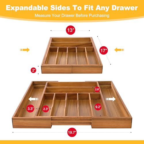 Large Premium Acacia Silverware Organizer - Expandable Drawer Organizer & Utensil Organizer - 17"x19.7" Cutlery Tray with Dividers for Kitchen Utensils and Flatware (7-9 Slots) Acacia - color: Acacia, size: 9 Slots Expandable