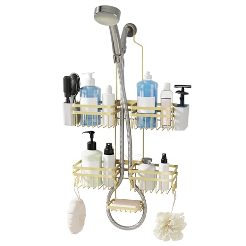 Shower Caddy Hanging for Bathroom Organizers and Storage - 3-Tier Adjustable Anti-Swing Shower Organizer Hanging with Heavy-Duty Suction Cups, Damage-Free Rustproof (Gold) - color: GOLD, size: width