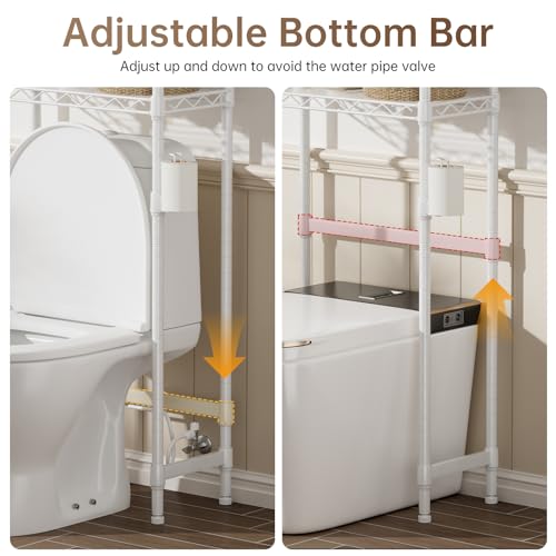Golpart Over The Toilet Shelf,3-Tier Adjustable Freestanding Metal Bathroom Organizer Shelves with Toilet Paper Holder & Hooks,Space-Saving for Narrow Small Bathroom,10”D x 24”W x 66”H,White - size: White-3-Tier-10"D x 24"W x 66"H