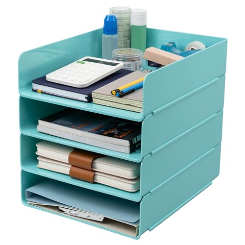 Tiawudi Desk Organizer, Office Organization and Storage, Plastic Letter Tray, Stackable File Organizer for Classroom, Home, Documents, Notes, Folders, Books and Pens, 4 Tier - color: Mint