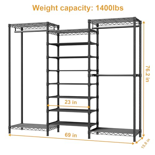 ULIFHOME E16 Heavy Duty Clothing Rack（with 7-Tier Adjustable Shoe Rack） Freestanding Clothes Rack for Hanging Clothes，Metal Closet Storage Organizer Large Wardrobe，69'' W x 15.8'' D x 76.2'' H，Black - color: Black