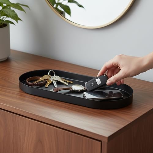 Oval Key & Wallet Tray, 12"x6"x0.8" Metal Valet Trays for Entryway Table, Minimalist Catch All Dish for Keys, Wallet, Jewelry, Black