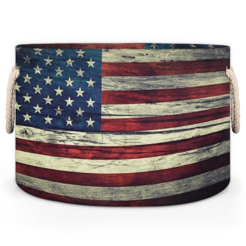 Large Round Storage Basket Vintage American Flag Collapsible Circle Storage Bin Basket Laundry Hamper With Handle for Kids Boy Girls Toy Bedroom Living Room Nursery Room Decor Storage Organizer - color: C:Flag