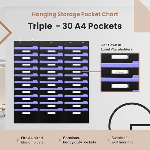 Hippo Creation Heavy Duty Storage Pocket Chart for Classroom, 30 Pocket Storage Organizer with 5 Over-Door Hangers, Hanging Wall Organizer for File Folders, School Mailbox, Home Office Papers - Black - color: Black - (30 Name Tag Pockets)