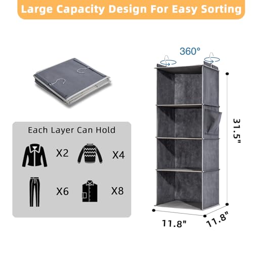 2 Packs Hanging Closet Organizer, 4-Shelf Closet Organizers and Storage with Side Pockets, Collapsible Hanging Shelves for Closet & RV & College Dorm,Grey - color: Grey, size: 2 # 4 Shelves