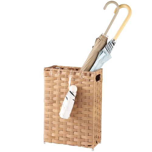 Rattan Umbrella Stand, Umbrella Holder for Entryway, Hand Woven Umbrella Rack Organizer Freestanding, with a Detachable Drip Tray, 4 Hooks, 11.8" L x 5.5" W x 16.5" H, Natural - color: Natural, size: M(11.8" L x 5.5" W)
