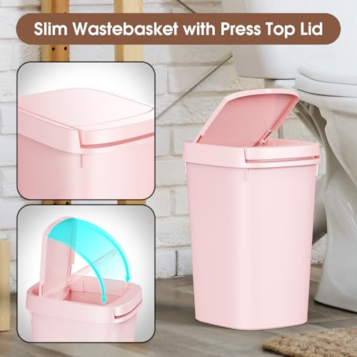 CEROELDA 3 Pack Bathroom Trash Can with Lid, 10L/2.6 Gal Small Garbage Can with Press Top Lid, Slim Plastic Waste Basket for Toilet, Office, Bedroom (Pink) - color: 3 Pack-Pink