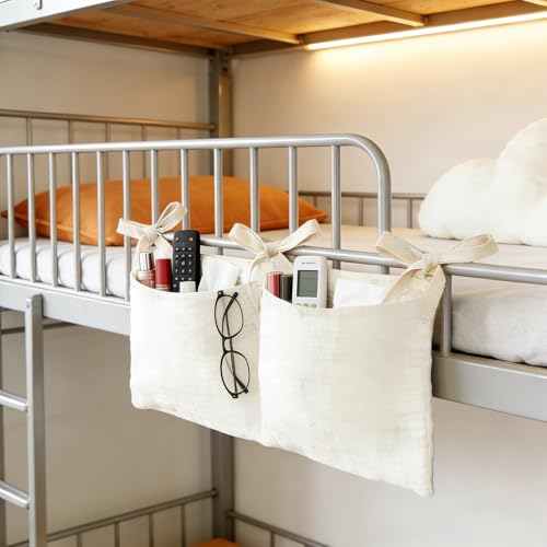 2 Pieces Solid ColorBedside Caddy with 2 Pockets, Bedside Hanging Storage Organizer, Dorm Rooms Bunk Bed Storage Bag for Home Phone Remote Control Key Glasses (Light Tan, White) - color: Light Tan, White