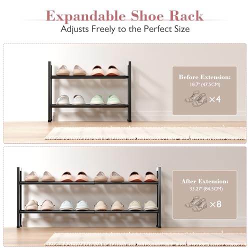 Bumusty 2 Tier Expandable Shoe Rack for Closet, 18“-33” Adjustable Shoe Rack for Small Space, Small Shoe Organizer for Front Door, Sturdy Metal, Black - color: Black, size: 2-Tier