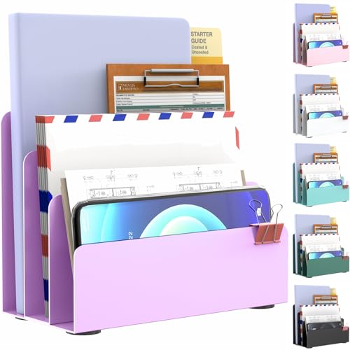 Mail Organizer Countertop, Small Desk File Organizer, Metal File Holder - Essential Workspace Organizers for Office Desk, Home Office (Purple) - color: Purple