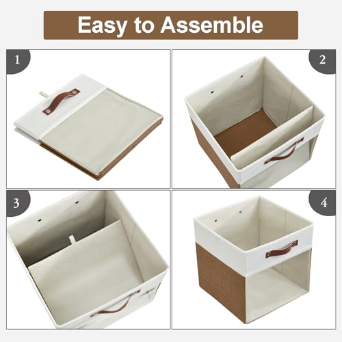 Bagnizer Storage Cubes, 4 Pack Linen Foldable Storage Bins (13 x 13 inch) with Clear Window and Handles, Fabric Organizer for Shelf Closet, Clothes, Books - (Brown and White) - color: Brown / Off-White, size: 13 x 13 x 13