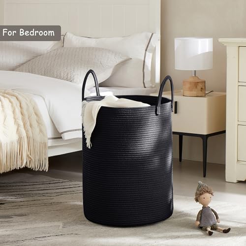 60L Black Woven Cotton Rope Laundry Hamper Basket for Clothes Tall Modern Blanket Storage Basket in Living Room Bedroom 15Dx20H inches - color: Black, size: Large (60L)