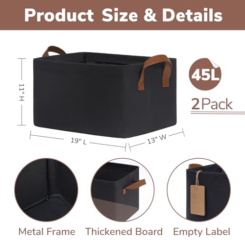 CHICVITA Storage Baskets for Shelves, Extra Large Closet Storage Bins with Metal Frame, Foldable Toy Storage Organizer for Nursery, Living Room, 19" L x 13" W x 11" H, Black, 2-Pack - color: Black, size: 19" L x 13" W x 11" H