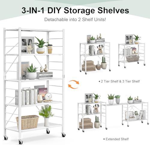 Himix 5 Tier Foldable Storage Shelves, Expandable Folding Pantry Shelf with Wheels, Changeable into 2 Shelf Units, Collapsible Storage Rack Metal Shelves for Kitchen, Room, Garage, White - color: White, size: 5-Tier