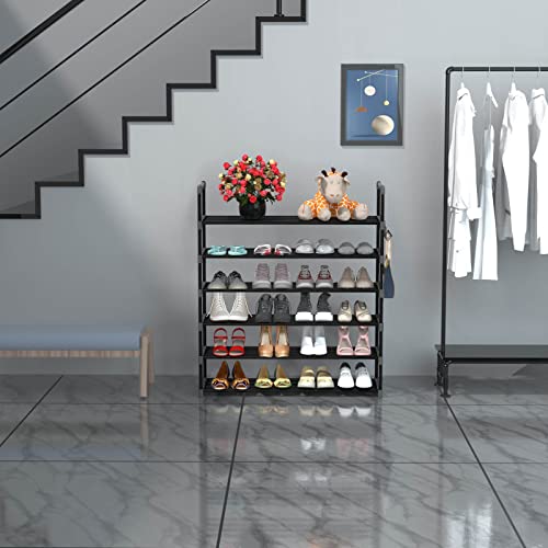 Hsscblet 6 Tiers Metal Shoe Rack,Adjustable Shoe Shelf Storage Organizer with Hooks,Stackable Boot & Shoe Storage,for Entryway,Hallway,Closet,Black - size: 6-Tier