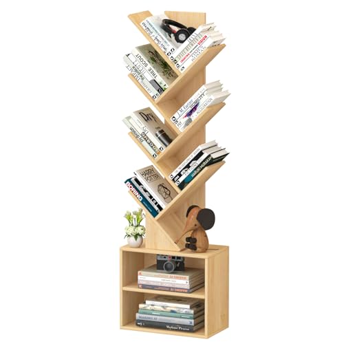 SHEEPAM 10 Tier Tree Bookshelf,Christmas Green Bookcase for Narrow Space, Storage Organizer Floor Standing Bookshelves for Books, Tall Book Case for Home Office, Living Room, Bedroom - color: Natural, size: 10 Tier