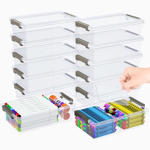 12 Pack Extra Large Pencil Box with Removable Divider, Thickened Pencil Case Bulk, Clear Crayon Marker Organizer Stackable Plastic Small Storage Containers for Pen Craft School Supplies(Grey) - size: Grey-12 Pack
