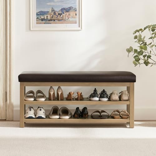 Zihanhome Shoe Rack Bench with Leather Cushion, 2 Tier Solid Wood Storage Bench, Mid-Century Modern Shoe Bench for Entryway, Hallway, Closet, Front Door Entrance, Foyer (Dark Brown, 46.5) - color: Dark Brown, size: 46.5"