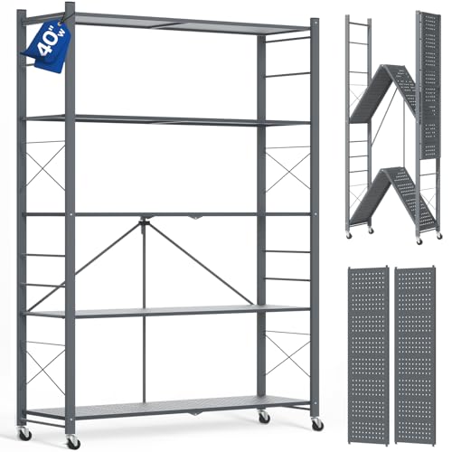 ALANNG 40" W Folding Storage Shelves with Wheels, Adjustable Metal Shelving Unit, Standing Shelf Organizer for Closet Kitchen Garage Laundry Pantry (Grey,1 Pack) - color: Grey