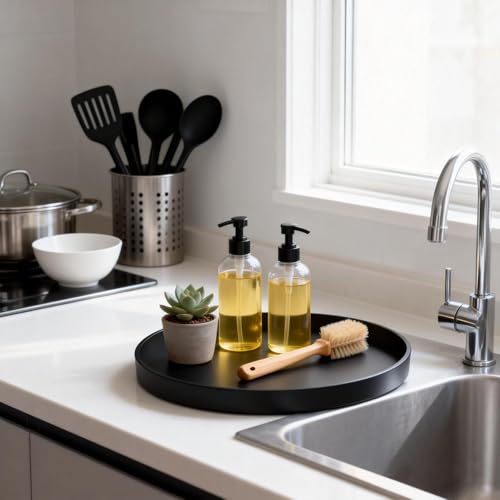 2 Pack 9" Bathroom and Vanity Tray, ABS Bathroom Counter Organizer, Coffee Table Decor for Perfume, Candles, Keys &More. Kitchen Countertop Organizer, Decorative Tray Soap Holder, Black - color: Black, size: 9" - 2Pcs