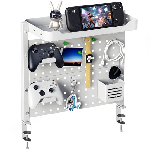 ARES WING Clamp On Desk Pegboard with 16 inches Organizer Shelf, Adjustable Above or Under Desk Storage Shelf Holds 44 lbs, Magnetic Metal Peg Board for Office and Gaming Accessories, White - color: White, size: Pegboard Shelf