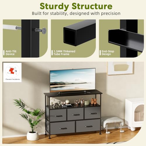 Simple Deluxe TV Stand Dresser for Bedroom Entertainment Center with 5 Fabric Drawers, Storage Organizers Units for Living Room, Media Console Table with Open Shelf up for 45" TV, Gray, Wood top - color: Grey, size: 39.3"D x 11.8"W x 31.8"H (5 Drawers)