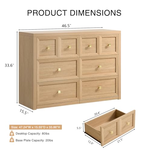 6 Drawers Dresser for Bedroom-46.5" Wide Wooden Chest of Drawers with Large Storage, Long Dresser TV Stand with Drawers, Farmhouse Closet Dressers for Living Room Bedroom, Natural - color: Natural Oak, size: 15.5"D x 46.5"W x 33.6"H (6 Drawers)