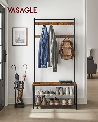 VASAGLE Coat Rack, Hall Tree with Shoe Storage Bench, Entryway Bench with Shoe Storage, 3-in-1, Steel Frame, for Entryway, 12.6 x 33.5 x 68.9 Inches, Industrial, Rustic Brown and Black UHSR401B01 - color: Rustic Brown + Black, size: 33.5"W