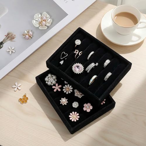 2 PCS Small Jewelry Tray Ring Organizer, Velvet Stackable Ring Organizer Mini Jewelry Drawer Organizer Tray 6 Slots Ring Stud Earrings Display Case for Women(Black) - color: Black