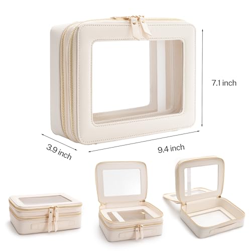 Aveniee Clear Makeup Bags, Double Layer Cosmetic Case with Separate Brush Compartment, Large Toiletry Organizer for Women, Travel Accessories Holder(2 Layers Large, White) - color: Off-White, style: Dual Layer Large