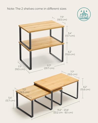SONGMICS Cabinet Organizer Shelf, Set of 4 Kitchen Counter Shelves, Kitchen Storage, Spice Rack, Stackable, Expandable, Metal and Engineered Wood, Ink Black and Natural Beige UKCS10NB - color: Ink Black + Natural Beige, size: 11.7"W