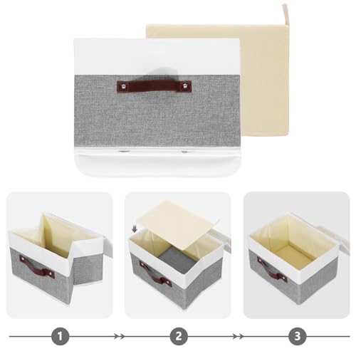ANMINY Storage Boxes with Lids Washable Decorative Storage Bins Basket with PU Leather Handle Foldable Linen Fabric Storage Cubes Containers for Home Closet Organizer - Gray White, Small Size - color: Gray White, size: Small (Pack of 1)