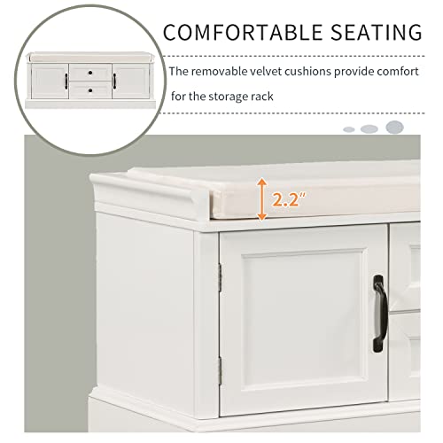 P PURLOVE Rustic Wood Entryway Bench with 2 Cabinets and 2 Drawers, Wood Shoe Bench with Removable Cushion for Hallway, Entryway - color: White, size: with 2 Drawers and 2 Cabinets
