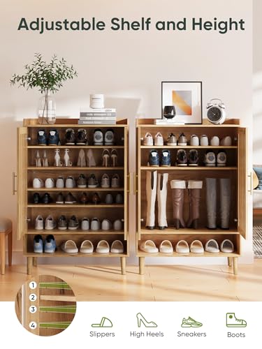 Smart FENDEE 6-Tier Shoe Storage Cabinet with 2 Slatted Doors, Large Wooden Shoe Cabinet with Gold Handle, Hidden Entryway Shoe Organizer for Hallway, Foyer, Natural Oak - color: Natural Oak, size: 44" H