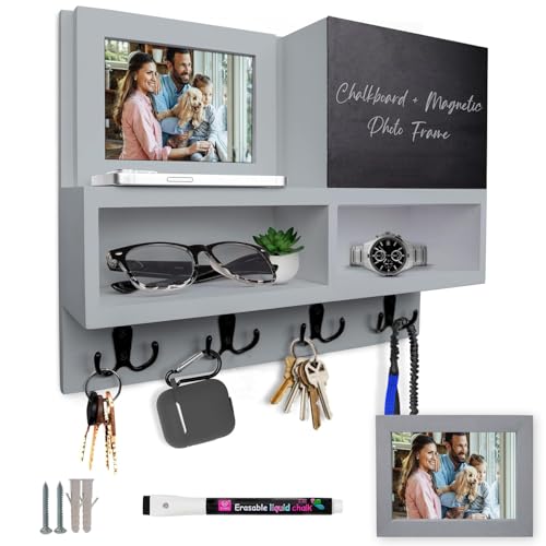 Spacelog Key and Mail Holder for Wall with Chalkboard – Magnetic Picture Frame Key Holder Wall Mount, Cool Grey with Subtle Blue Undertone, Dual Storage & Cupboards - color: Cool Grey (Subtle Blue)