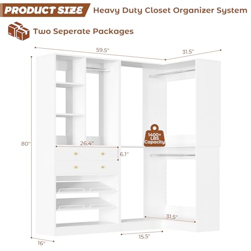 Besiost Corner Closet System with 2 Drawers, 3 Hanging Rods, 59.5" * 31.5" Closet Organizer System with Corner Tower, Reversible L Shaped Walk-in Closet System, Corner Closet System Set of 2, White - color: White, size: 59.5" * 31.5"