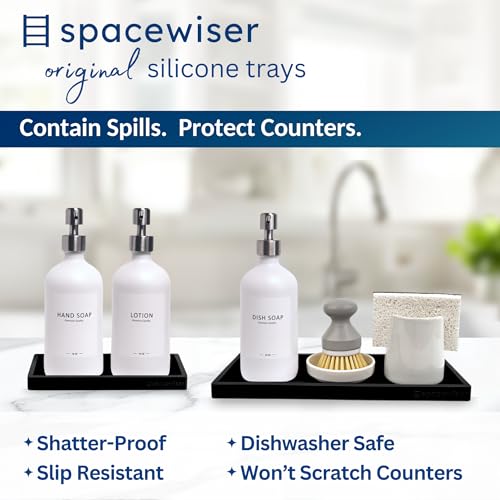 Spacewiser Countertop and Vanity Tray - 2 PC (11” and 7”) Shatterproof Silicone Kitchen and Bathroom Trays for Counter, Kitchen Soap Dispenser Tray, Vanity Trays for Bathroom, Perfume Key Tray - color: Black, size: Set‐ 1 Small + 1 Large