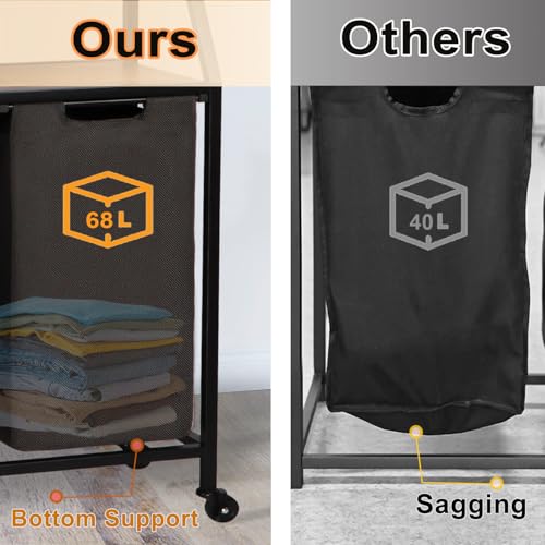 Timberer Laundry Hamper, Laundry Sorter, Rolling Laundry Basket with Wheels, 2 Shelves, 18 Gal(68L), Pull-Out and Removable Oxford Fabric Bags, for Laundry Room, Black and Rustic Brown - color: Black + Rustic Brown, size: 1 Bags (16.9"L x 11.8"W x 41.7"H)