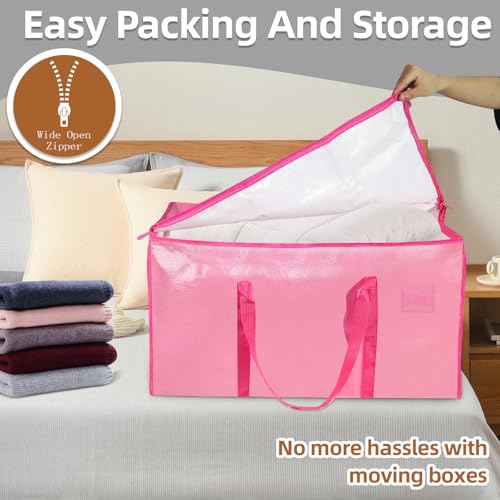 6 Pack-Extra Large Heavy Duty Moving Bags - Waterproof Storage Totes with Handles & Zippers, Foldable for College Dorm, Storage (Pink) - color: Pink, size: 6