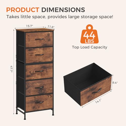 DUMOS Nightstand with 5 Drawers Bedside Table with Removable Fabric Bins Sturdy Steel Frame Wood Top Organizer Furniture for Bedroom Nursery Closet Living Room, Brown - color: Brown, size: 15.7"D x 11.8"W x 47.7"H (5 Drawers)