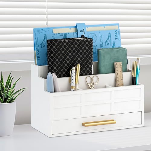 dreampossible white Wood Desk Organizer and Accessories with Drawer, Bill Mail Organizer and File Mail Holder for Office Supplies, Rustic Desk Accessories & Workspace Organizers for Desk Organization - color: White B