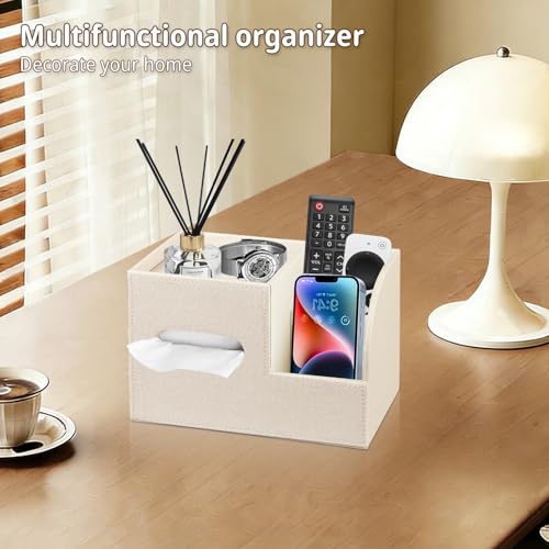 Leather Square Tissue Box Cover with Storage Tray,Cube Tissue Box Holder,Modern Facial Paper Organizer with Remote Control Holder for Bathroom,Vanity Countertop,End Table NightStand Home Office.Beige - color: Beige
